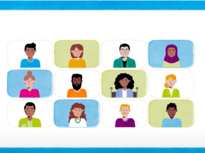 cartoon of people from a range of cultural backgrounds and genders